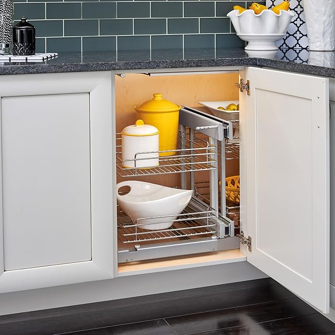 Rev-A-Shelf Dual Tier Pullout Shelf Storage Organizer for Blind Corner Kitchen or Bathroom Cabinets,18", 4 Shelves, Silver, 5PSP-18-CR