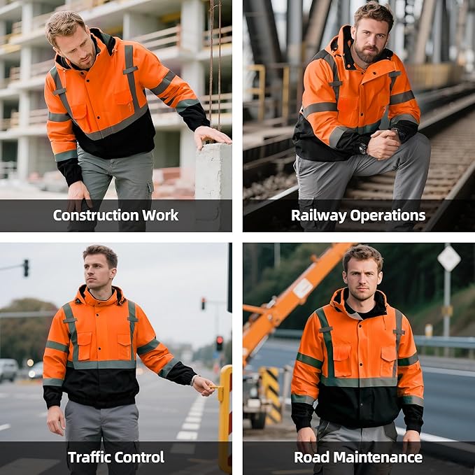 Hi Vis Safety Jackets for Men Waterproof Class 3 Reflective Construction Jacket for Winter Bomber Jacket