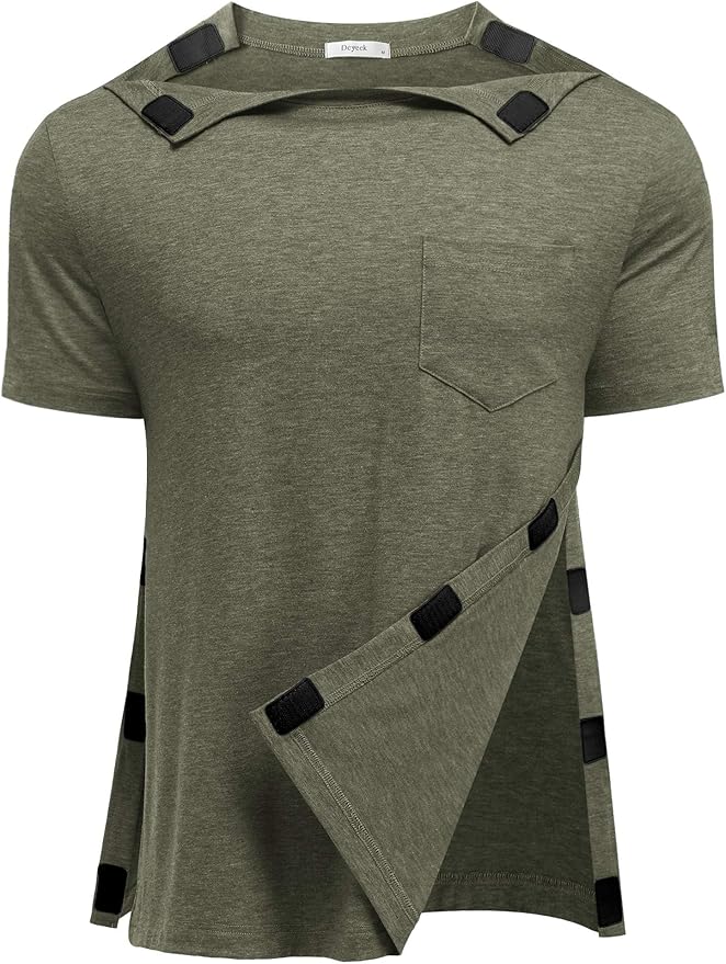 Deyeek Shoulder Post Surgery Recovery Shirts for Men Full Tear Away Short Sleeve T Shirt Adaptive Chemo Clothing
