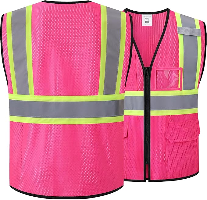 Reflective Safety Vest for Men Women Hi Vis Vest with Pockets High Visibility Vest Mesh Construction Vests Meets ANSI/ISEA Standards (Pink-33, X-Large)