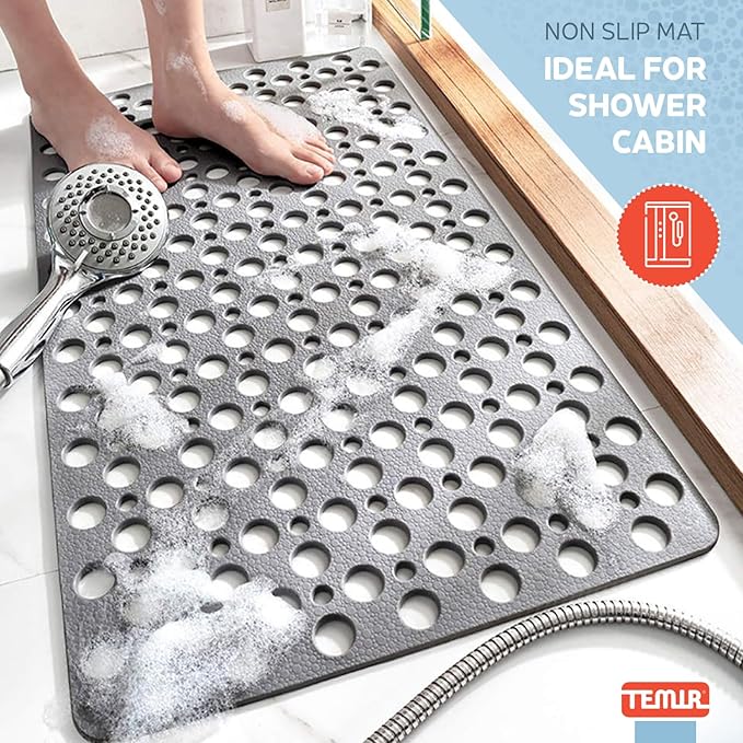 TEMIR Bathtub Mat Non Slip and Shower Mat with Suction Cups and Drain Holes, 30x17 in (75x43 cm), Soft Machine Washable Non Slip Bath Mat, Shower Mats for Inside Shower, Easy Dry&Cut (Gray)