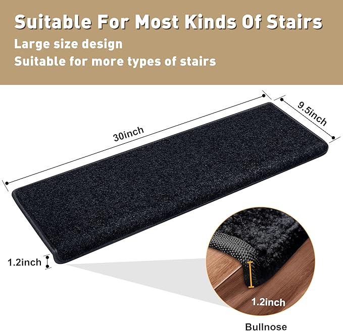 PURE ERA Bullnose Carpet Stair Treads Set Tape Free Non-Slip Indoor Stair Protectors Pet Friendly Rugs Covers Soft Skid Resistant Washable Reusable 9.5" x 30"(7 Pieces,Black)