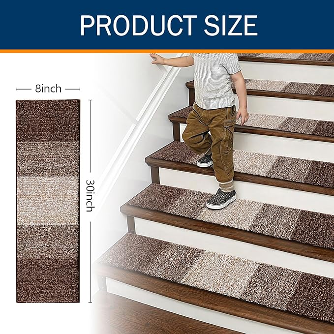 OLANLY Stair Treads Non Slip 4PCS, 8" x 30" Indoor Stair Runners for Wooden Steps, Edging Stair Rugs with Reusable Peel and Stick Adhesive for Kids Elders and Pets, Brown