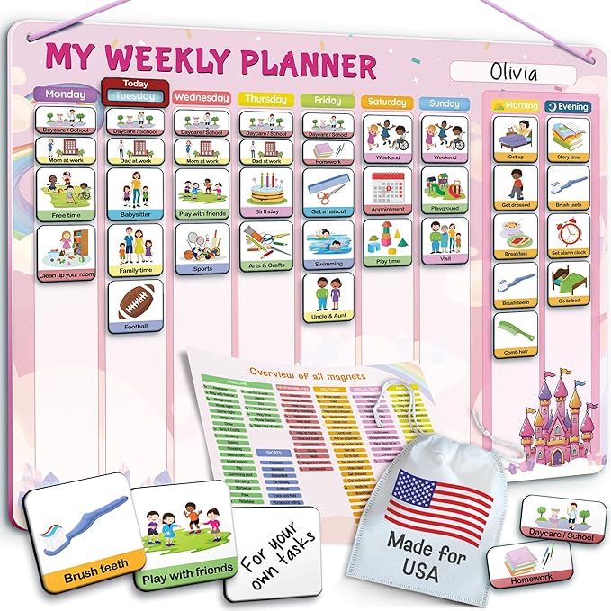 Visual Schedule for Kids - 2-in-1 Weekly + Daily Schedule - Magnetic Schedule with 194 Magnets and Magnetic Backing - Chore Chart Kids - Routine Chart for Toddlers, Autism, ADHD - Pink