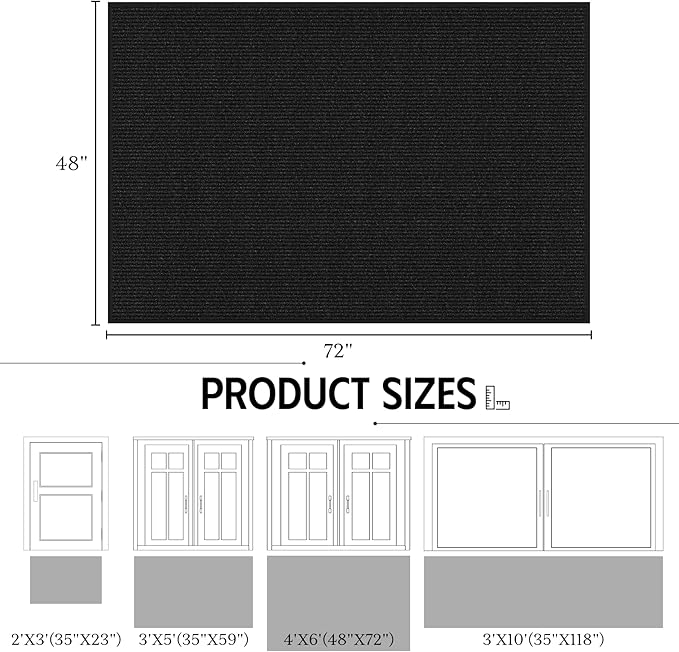 Front Door Mat 4' x 6', Low Profile Welcome Mat, Non-Slip Door Mat Outside Entrance, Muddy Mats for Indoor Outdoor, Absorbent & Resist Dirt, Heavy Duty Commercial Floor Mat for Entryway, Black