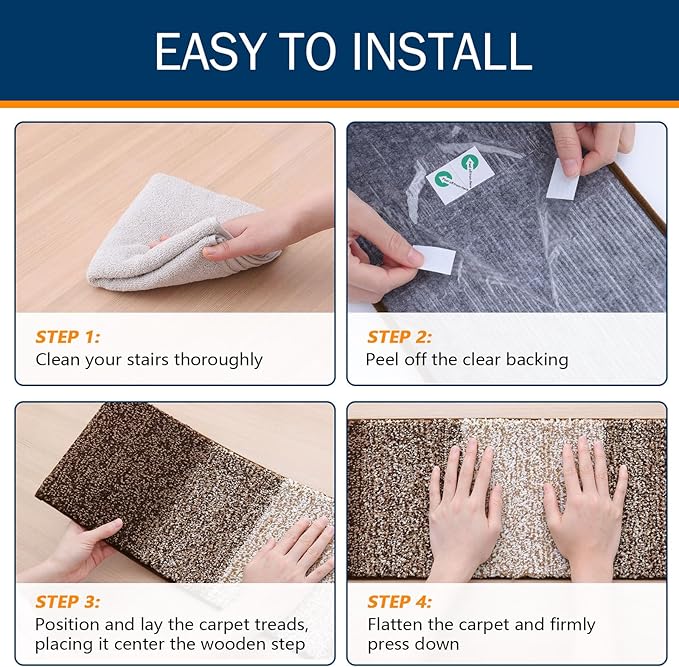 OLANLY Stair Treads Non Slip 15PCS, 8" x 30" Indoor Stair Runners for Wooden Steps, Edging Stair Rugs with Reusable Peel and Stick Adhesive for Kids Elders and Pets, Brown