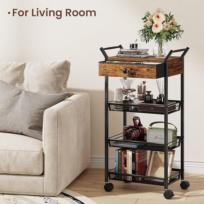 5-Tier Storage Cart, Rolling Utility Cart, Metal Fruit Vegetable Basket for Kitchen, with Handle, Lockable Wheels, Drawer, Rolling Cart Organizer for Pantry, Makeup, Rustic Brown