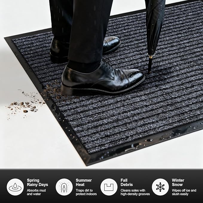 Non-Slip Waterproof Rubber Door Mat, 2'7" x 4' Commercial Floor Mat for High Traffic Areas, Easy Clean Low Profile, for Entrance, Indoor/Outdoor, Office, Patio, Garage