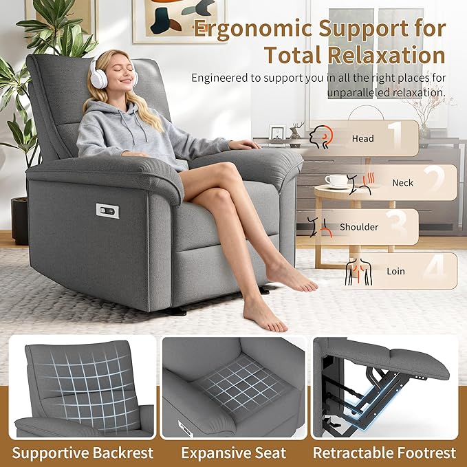 Wall Hugger Power Recliner Chair, Zero Wall Electric Recliner Chairs with USB Port, Snowflake Velvet Space Saving Large Recliner for Living Room, RV, Home Theater