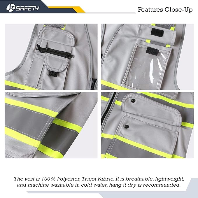JKSafety 9 Pockets Hi-Vis Fluorescent Color Zipper Front Safety Vest with Neon Color Extended Yellow Trims for Men and Women Work Safety Utility (901-Grey M)