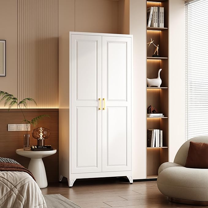Metal Armoire Wardrobe Closet with Doors and Shelves, 71" Tall Freestanding Wardrobe Cabinet for Hanging Clothes, Large Closet with Hanging Rod for Bedroom, Office, School, Employee, Gym, White