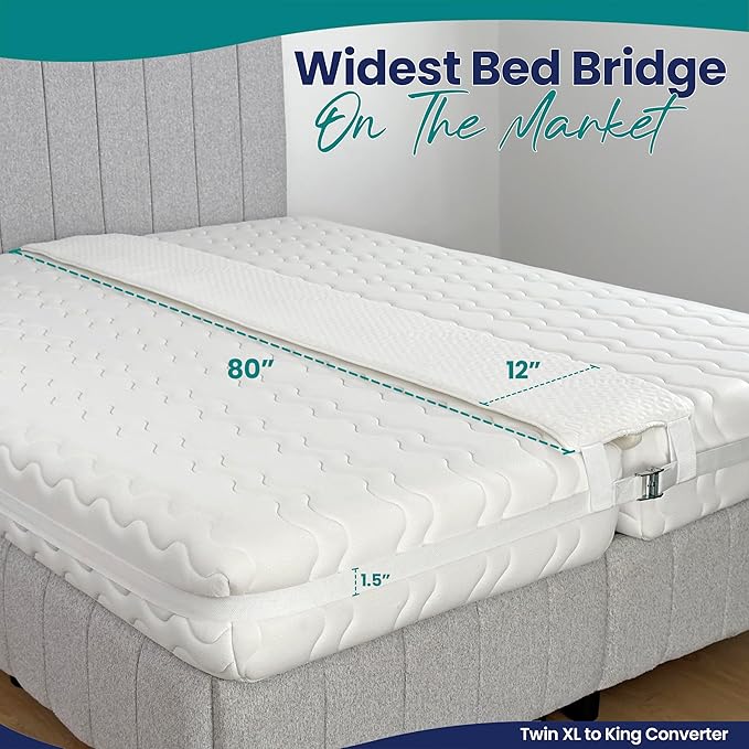 12" Extra Wide Bed Bridge Twin XL to King Converter Kit - Split King Gap Filler for Adjustable Bed - Mattress Connector & Gap Filler for Bed - Heavy Duty Metal Buckle Strap - 25D Memory Foam