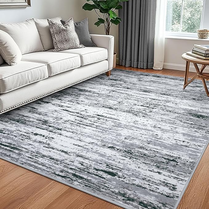 Modern Abstract 5x7 Machine Washable Area Rug Non-Slip Soft Bedroom Living Romm Rug Black Gray White Ultra Thin Print Faux Wool Floor Carpet Throw Rugs for Nursery Playroom Dining Room Indoor