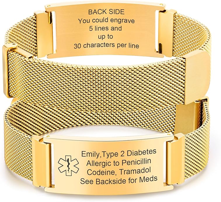 VNOX Medical Alert Id Bracelet for Men Women, Custom Engraving Adjustable Stainless Steel Customizable Mesh Emergency Survival Medic Bracelets Wristband Loop Band with Replacement Tag