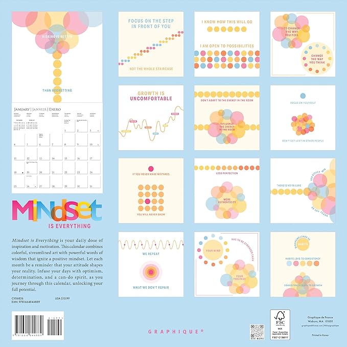 Graphique 2026 Mindset Is Everything Wall Calendar | 12” x 12” | Thick Paper | Home & Office Organizer | Large Monthly Grid | 3 Languages & Marked Holidays | 4 Month Preview Page for 2027