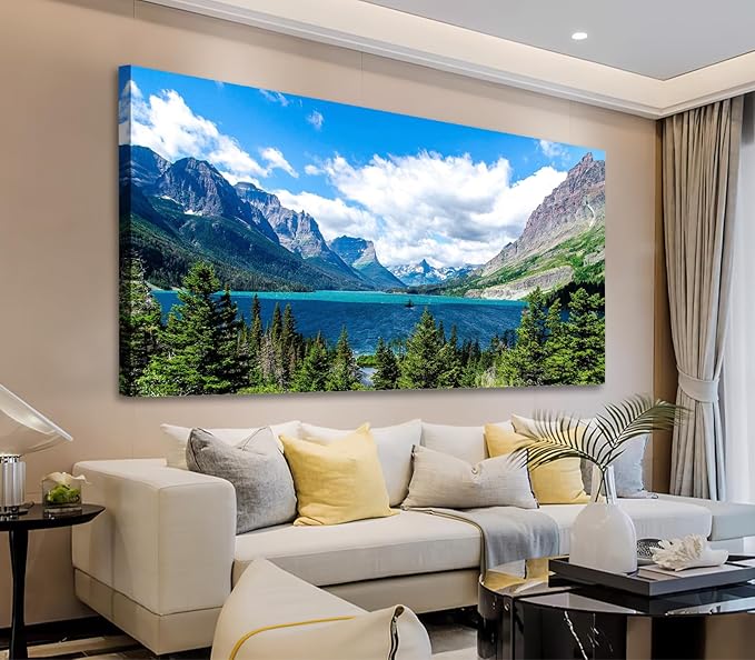 Landscape Canvas Wall Art for Living Room Wall Decor Glacier National Park Canvas Pictures Blue Sky Mountain Forest Nature Painting Artwork Office Home Decorations Framed Ready to Hang 29" x 58"