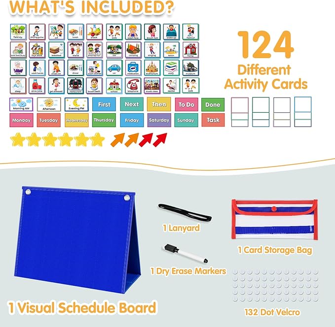 Large Visual Schedule for Kids with Autism Chore Chart for Kids Daily Routine Chart Autism Learning Materials Toddler Planning Board Visual Schedule for Classroom, Home with 124 Cards (Blue)