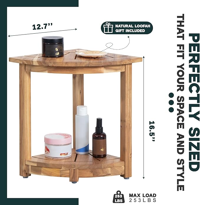 Acacia Wood Corner Shower Stool - Waterproof Triangular Bathroom Bench with Storage Shelf & Soap Dish for Shaving, Light Natural Wood (17.9x12.7x16.5)