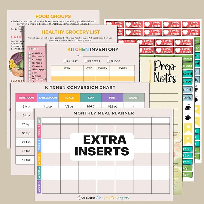 Life & Apples Meal Planner with Grocery List – Undated Weekly Menu & Meal Prep Notebook for Women & Men, Healthy Eating & Weight Loss Planner, 52-Week Spiral Bound Journal, Pink Spiral