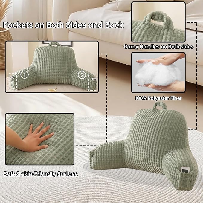Reading Pillow for Sitting in Bed, Large Backrest Reading Pillow with Arm Rest,Back-Rest Support Cushion for Sit Up on Couch, Sofa, and Floor, Dorm Essentials (Green Flannel, Large(19"))