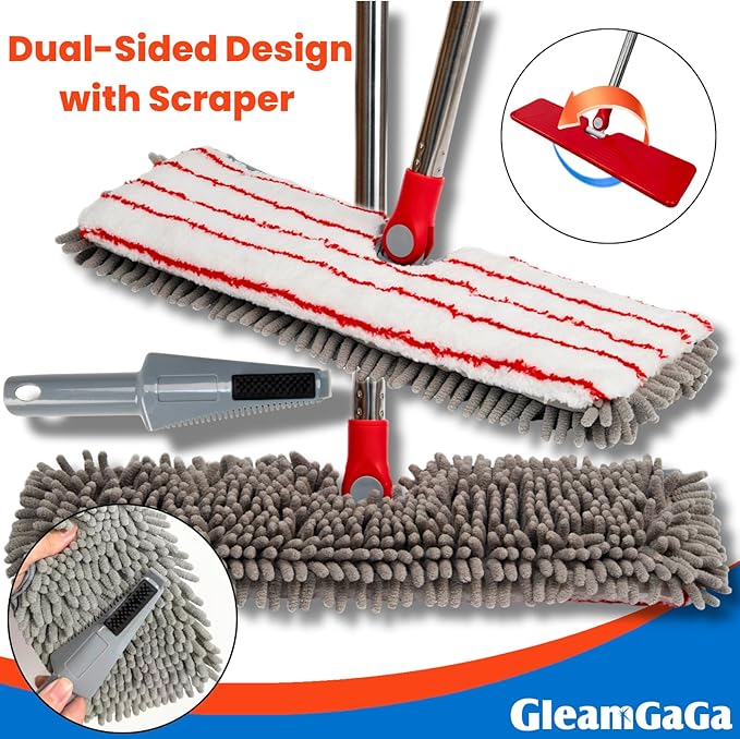 Microfiber Mops for Floor Cleaning, Flat Dust Mop with 4 Washable Pads, Dual-Sided Flip Mop for Wet & Dry Use, Extendable 62’’ Handle with Scraper, Floor Mops for Hardwood,Laminate,Vinyl,Kitchen,Tile