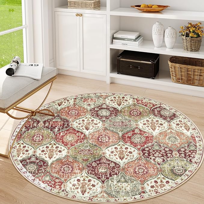Lahome Moroccan Trellis Washable Round Area Rug, Soft Round Rugs 6ft Ultra-Thin Non-Slip, Vintage Large Circle Carpet for Bedroom Living Room Kitchen Nursery, Orange/Terracotta
