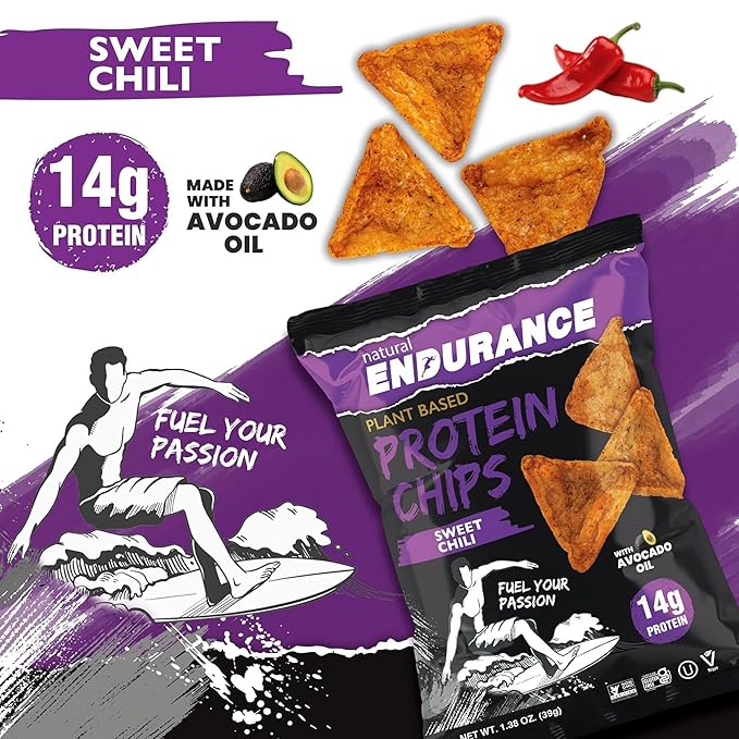 Natural Endurance Protein Chips - Low Carb Chips, High Protein Snack, Vegan Protein with Avocado Oil, 14g Protein Per Bag, Gluten Free, Sweet Chili Flavor - 1.38 oz Bags (Pack of 12)