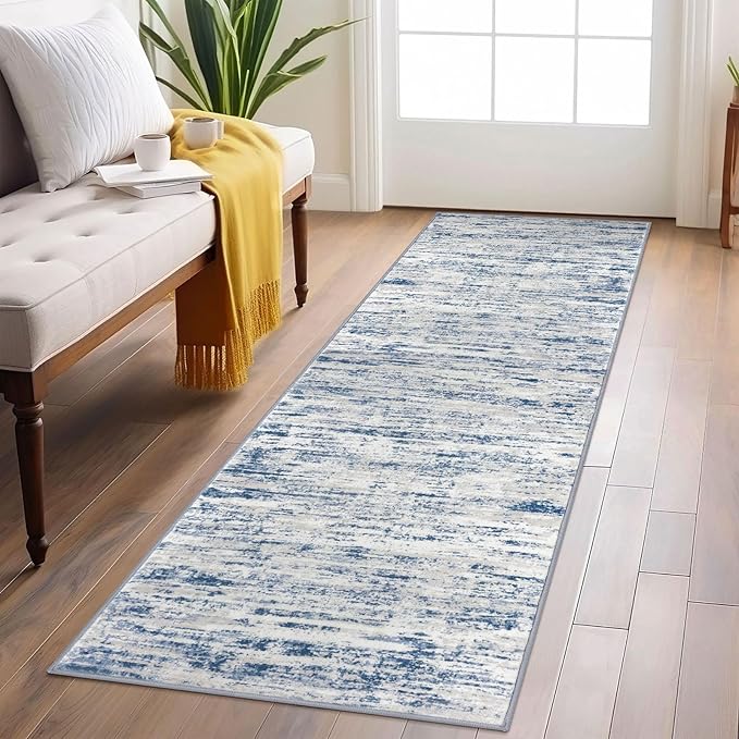 Modern Abstract Runner Rug 2x6, Blue White Washable Kitchen Runner Non-Slip Soft Hallway Rug Runner Thin Print Faux Wool Carpet for Entryway Bedroom Laundry Room Indoor Home Decor