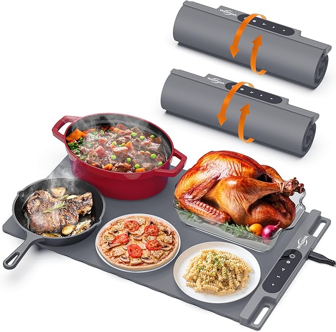 Electric Warming Mat for Food (2-Pack)-Full Surface Fast Heating Silicone Warmer Tray with 3-Level Temperature, Auto-Off, Raised Feet for Table Protection for Gatherings, Parties,Home Buffets