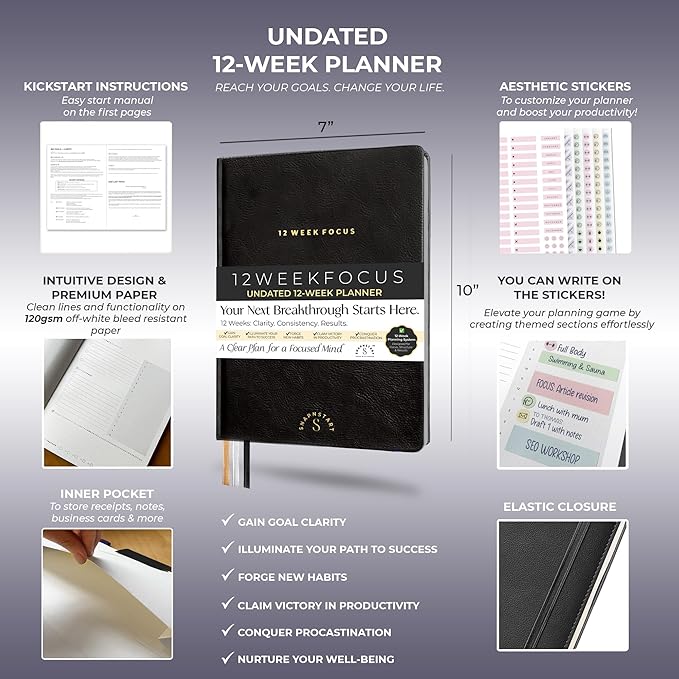 12 Week Focus Planner: High Performance Project Planner - Stay Focused and Achieve your Goals - Weekly and Daily Pages with Scientifically Proven Prompts - Undated, 7x10inch Black Hardcover