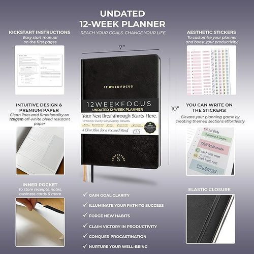 12 Week Focus Planner: High Performance Project Planner - Stay Focused and Achieve your Goals - Weekly and Daily Pages with Scientifically Proven Prompts - Undated, 7x10inch Black Hardcover