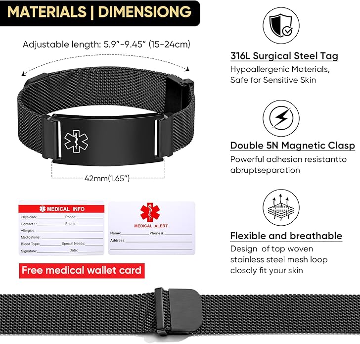 VNOX Medical Alert Id Bracelet for Men Women, Custom Engraving Adjustable Stainless Steel Customizable Mesh Emergency Survival Medic Bracelets Wristband Loop Band with Replacement Tag