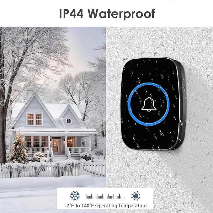 Wireless Doorbell, FullHouse Waterproof Door Bell Kit, Distinguish front and rear doors, Over 1000 feet Range and 60 Chime, 5 Levels Volume and LED Flash, for Home Office Classroom