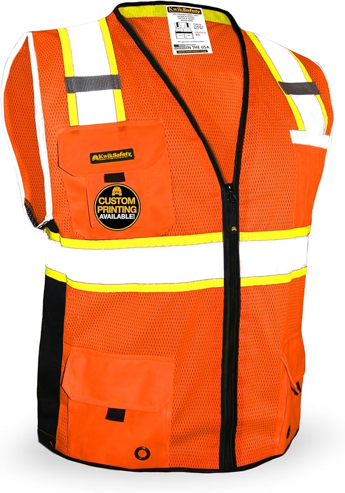 KwikSafety - Charlotte, NC - BIG KAHUNA Safety Vest [11 Pockets] Class 2 ANSI OSHA Reflective Vest Durable High Visibility Vest Construction Safety Vest for Men Industrial Work Gear/Orange Small