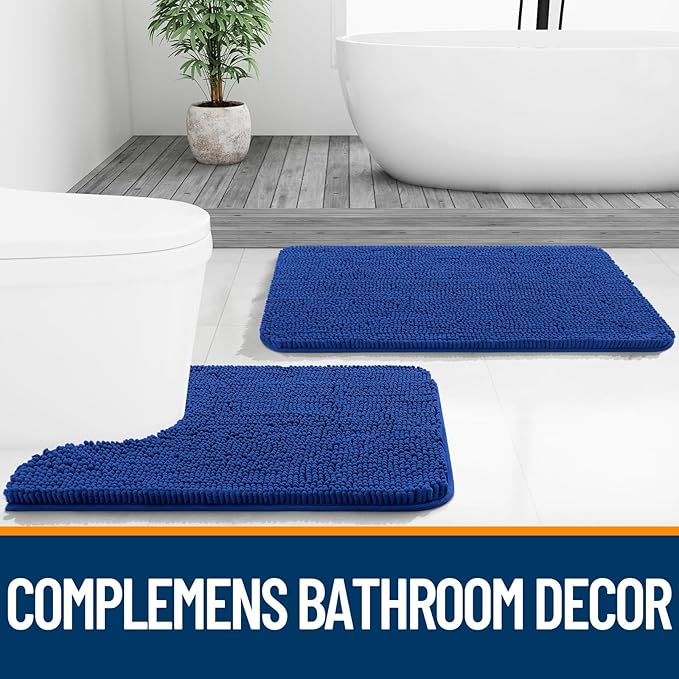 OLANLY Bathroom Rugs Sets 3 Piece, Soft Absorbent Chenille Bath Mats and U-Shaped Contour Toilet Rug, Quick Dry, Home Decor Accessories, Bath Mat Set for Bathroom (36"x24"+24"x16"+24"x20", Royal Blue)