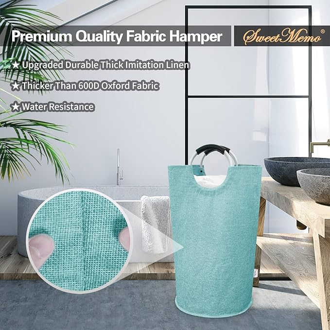 Small Laundry Hamper Bag Collapsible, Tall Laundry Basket with Durable Handles, Dirty Clothes Hampers for Bedroom, College Dorm, Girls, Women, Heavy Duty, Double Layer 82L - Light Blue