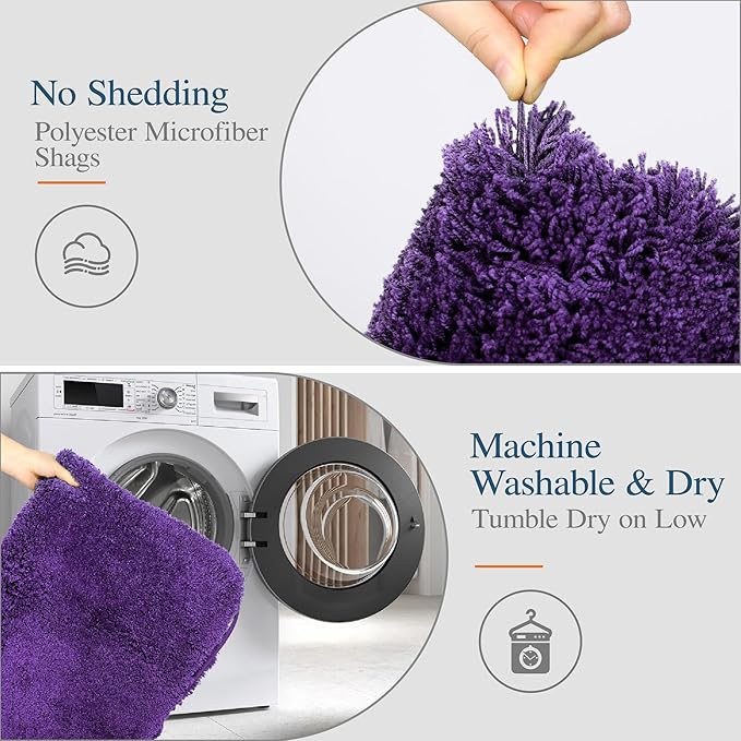 Walensee Contour Rug (20x24, Dark Purple) Non Slip Bath Mat for Bathroom - Water Absorbent Soft Microfiber Shaggy Mat Machine Washable U Shape Toilet Rug