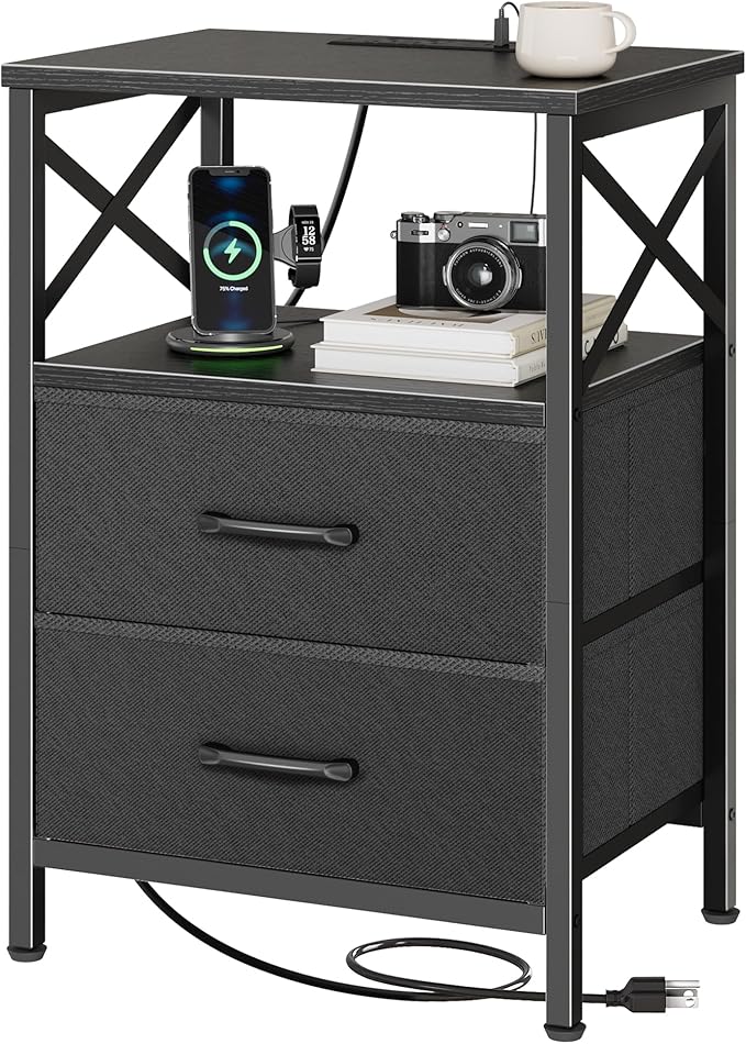 Huuger Night Stand with Charger Station, 2 Drawer Nightstand with Open Shelf, Bed Side Table with USB-C Port, End Table, Compact Size for Small Spaces, X Shaped Side Rail, Black