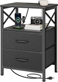 Huuger Night Stand with Charger Station, 2 Drawer Nightstand with Open Shelf, Bed Side Table with USB-C Port, End Table, Compact Size for Small Spaces, X Shaped Side Rail, Black