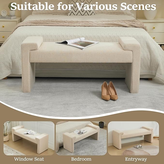 43" Linen End of Bed Bench Upholstered Modern Bedroom Bench for Living Room & Entryway, Easy Assembly, Footrest Ottoman Accent Window Bench with Solid Wood Frame & Curved Arm, Tan