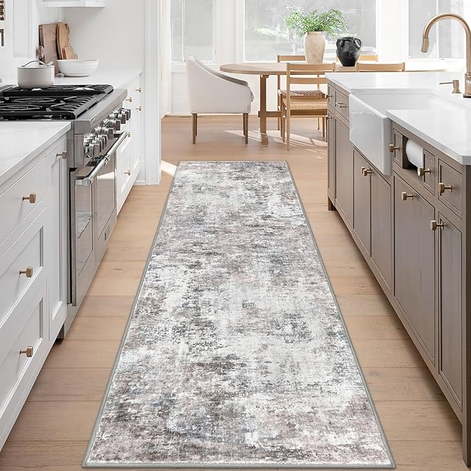 Modern Abstract Hallway Runner Rug, Beige Grey 3x8 Runner Rug, Washable Kitchen Runner Non-Slip Soft Thin Print Faux Wool Carpet for Entryway Bedroom Laundry Room Indoor