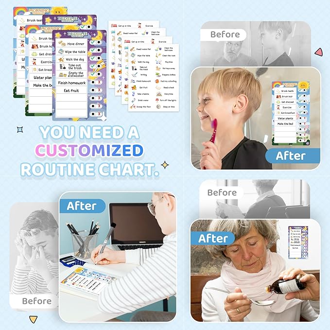 Chore Chart for Kids: Dry Erase to Do List, Morning/Bedtime Routine Chart, Magnetic Checklist, Toddler Visual Schedule, Daily Behavior Chart for Fridge (4 Pack)