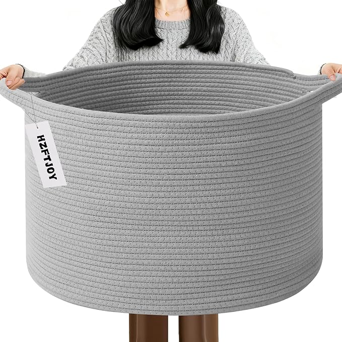 Large Storage Basket with Handle,23.6" x 23.6" x 15.7" Blanket Basket Storage Bins for Organizing,65L Cotton Rope Woven Baskets for Living Room, Nursery,Bedroom,Light Gry