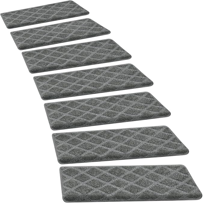 PURE ERA Bullnose Carpet Stair Treads Set Tape Free Non-Slip Indoor Stair Protectors Pet Friendly Rugs 9.5" x 30"(7 Pieces,Grey Diamond Trellis)