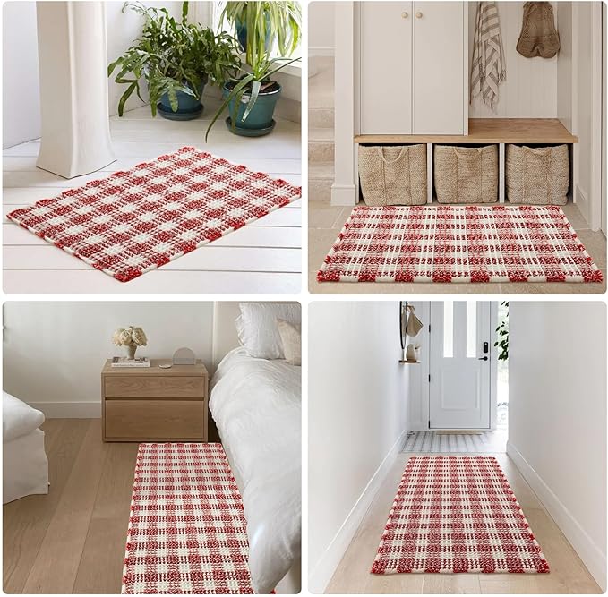 Waffle Runner Rug Bathroom, Long Boho Christmas Bathroom Rugs Non Slip Washable Absorbent Checkered Bathroom Mat Quick Dry Cute Bath Mat, 72"x24" Red and White