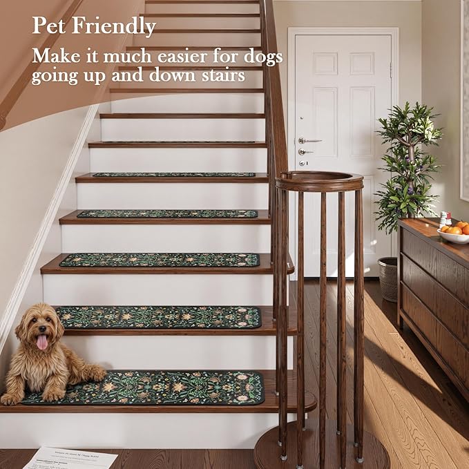 OJIA Floral Stair Treads Non-Slip Stair Runner for Wooden Steps Indoor 15PCS 30"x8" Carpet Stair Treads Stair Mats Staircase Step Treads for Kids, Elders and Dogs, Stair Covers, Black