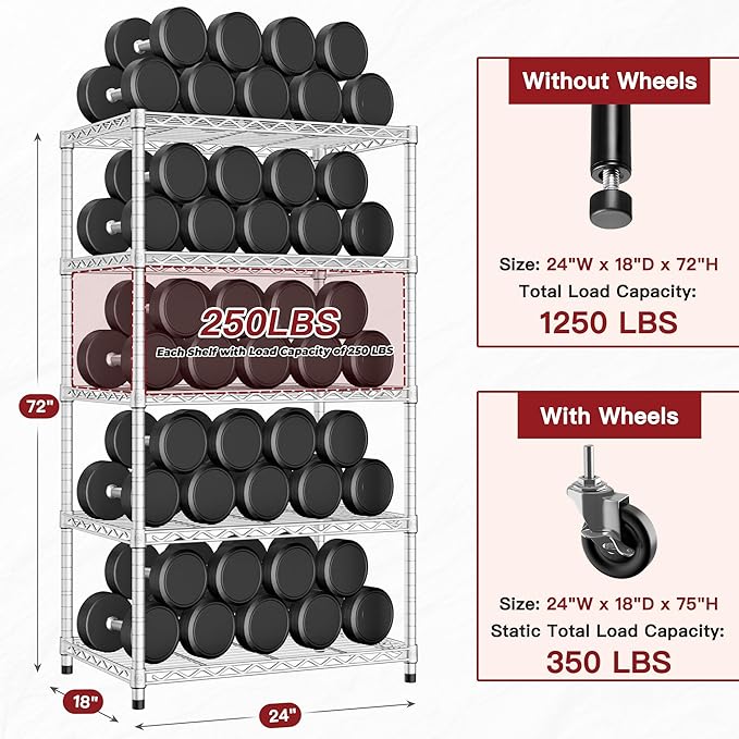 PrimeZone 75" H Wire Shelving 5 Tier Slim Steel Storage Metal Shelves with Wheels,Adjustable Kitchen Utility Shelving Unit,Pantry Rack Rolling Metal Shelf Chrome 24" Wx18 Dx75 H