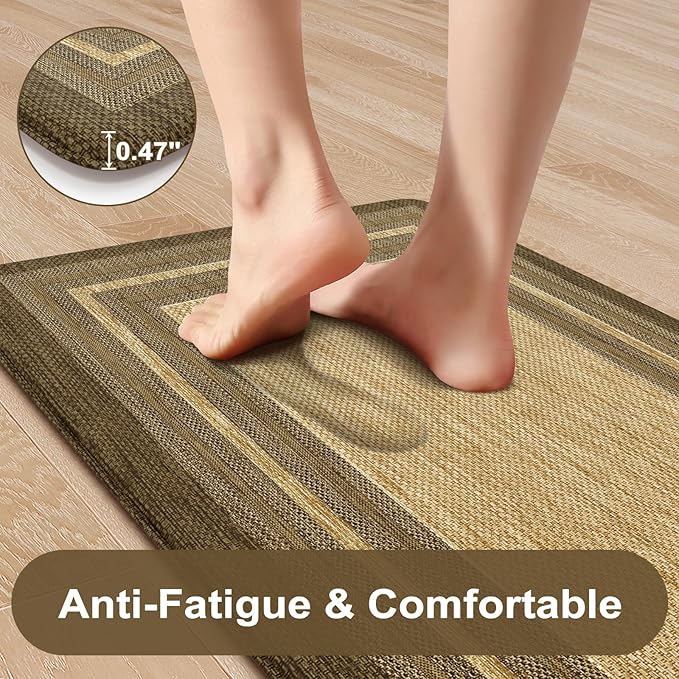 KIMODE Anti Fatigue Kitchen Mat, Cushioned Boho Kitchen Rugs Sets of 2, Non Slip Farmhouse Kitchen Mats for Floor, Waterproof Standing Desk Mats for Laundry Office Sink Brown/Khaki 20"x47"+20"x32"