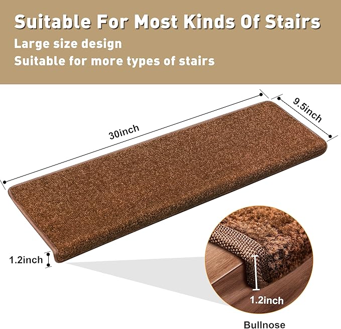 PURE ERA Bullnose Carpet Stair Treads Set Tape Free Non-Slip Indoor Stair Protectors Pet Friendly Rugs Covers Soft Skid Resistant Washable Reusable 9.5" x 30"(7 Pieces,Brown)