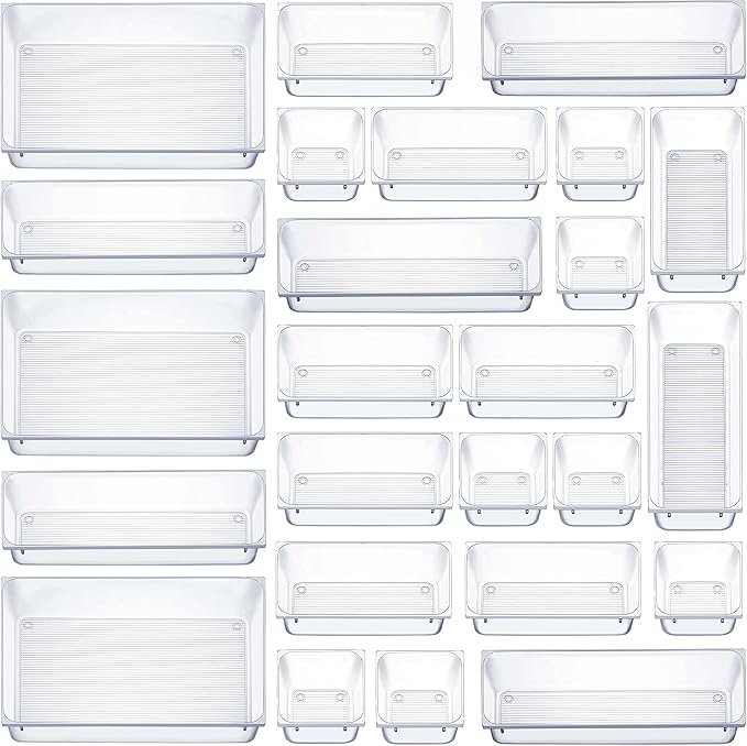25 PCS Clear Plastic Drawer Organizers Set, 4-Size Versatile Bathroom and Vanity Drawer Organizer Trays, Storage Bins for Makeup, Bedroom, Kitchen Gadgets Utensils and Office Accessories
